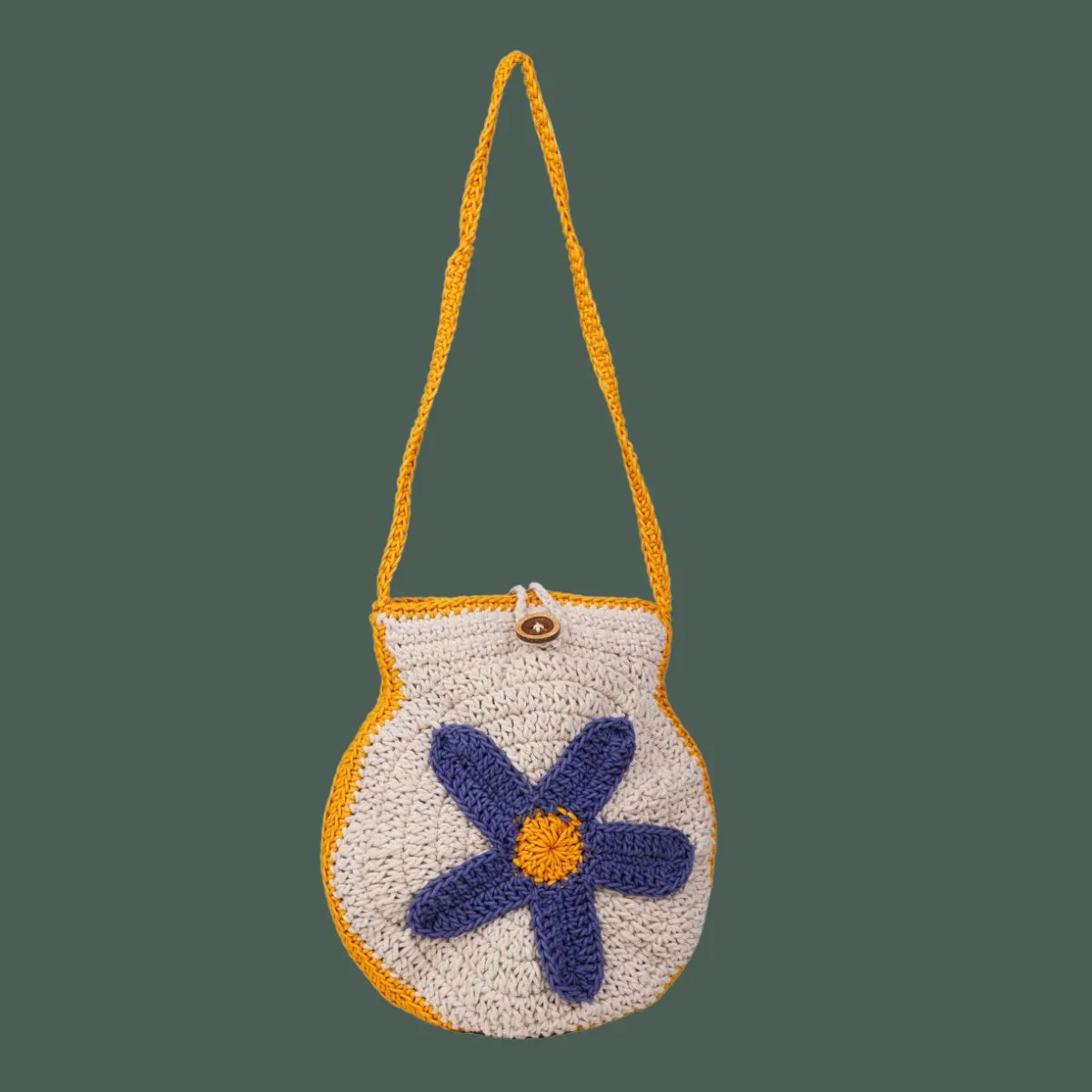 Blue Flower Mini Shoulder Bag | Hand-Crochet | Off White & Mustard