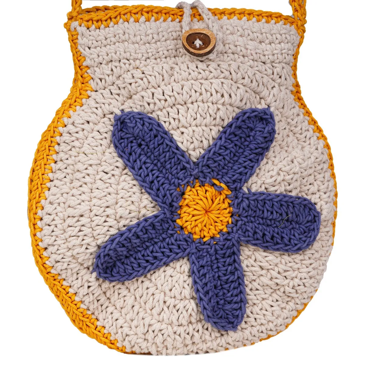 Blue Flower Mini Shoulder Bag | Hand-Crochet | Off White & Mustard