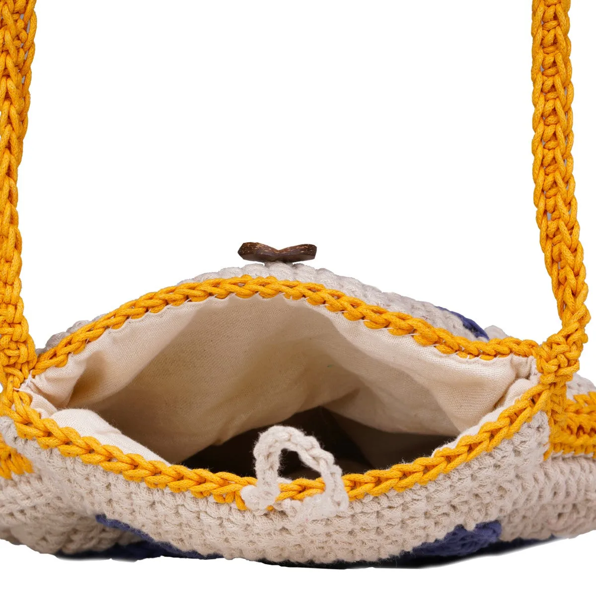 Blue Flower Mini Shoulder Bag | Hand-Crochet | Off White & Mustard