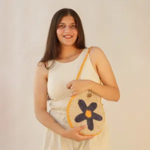 Blue Flower Mini Shoulder Bag | Hand-Crochet | Off White & Mustard
