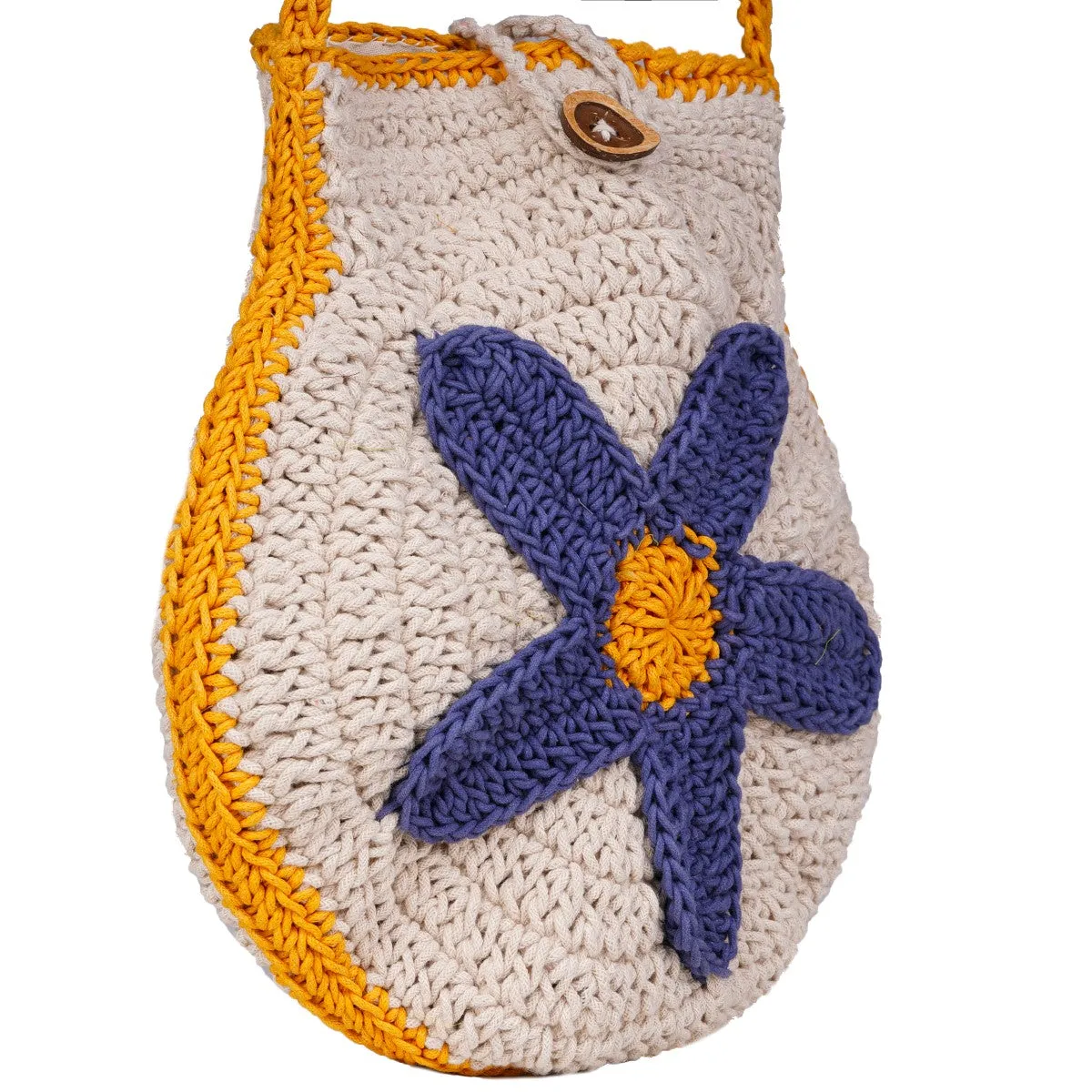 Blue Flower Mini Shoulder Bag | Hand-Crochet | Off White & Mustard