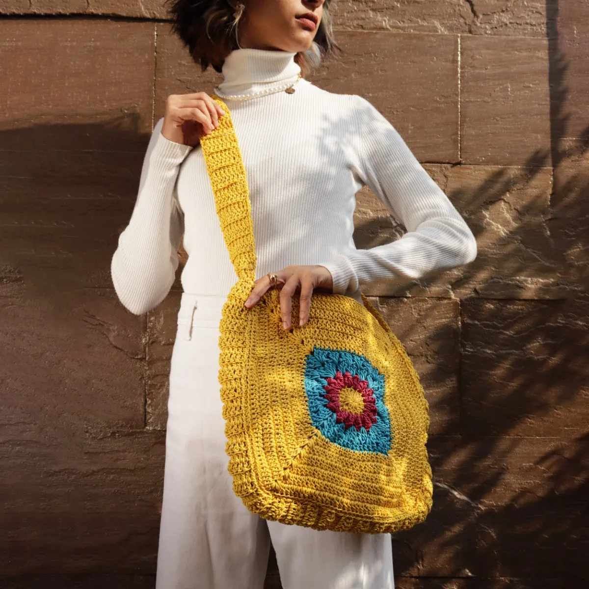 Chrysanthemum Quad Sling Bag | Hand-Crochet | Cotton | Mustard Yellow