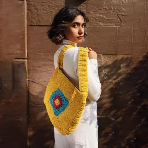 Chrysanthemum Quad Sling Bag | Hand-Crochet | Cotton | Mustard Yellow