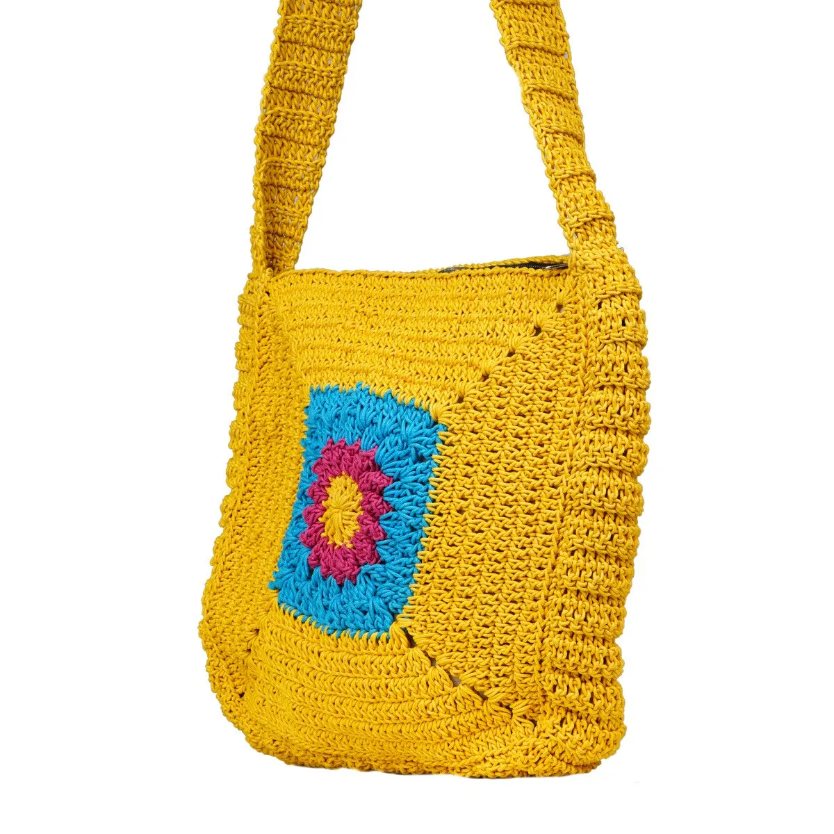 Chrysanthemum Quad Sling Bag | Hand-Crochet | Cotton | Mustard Yellow
