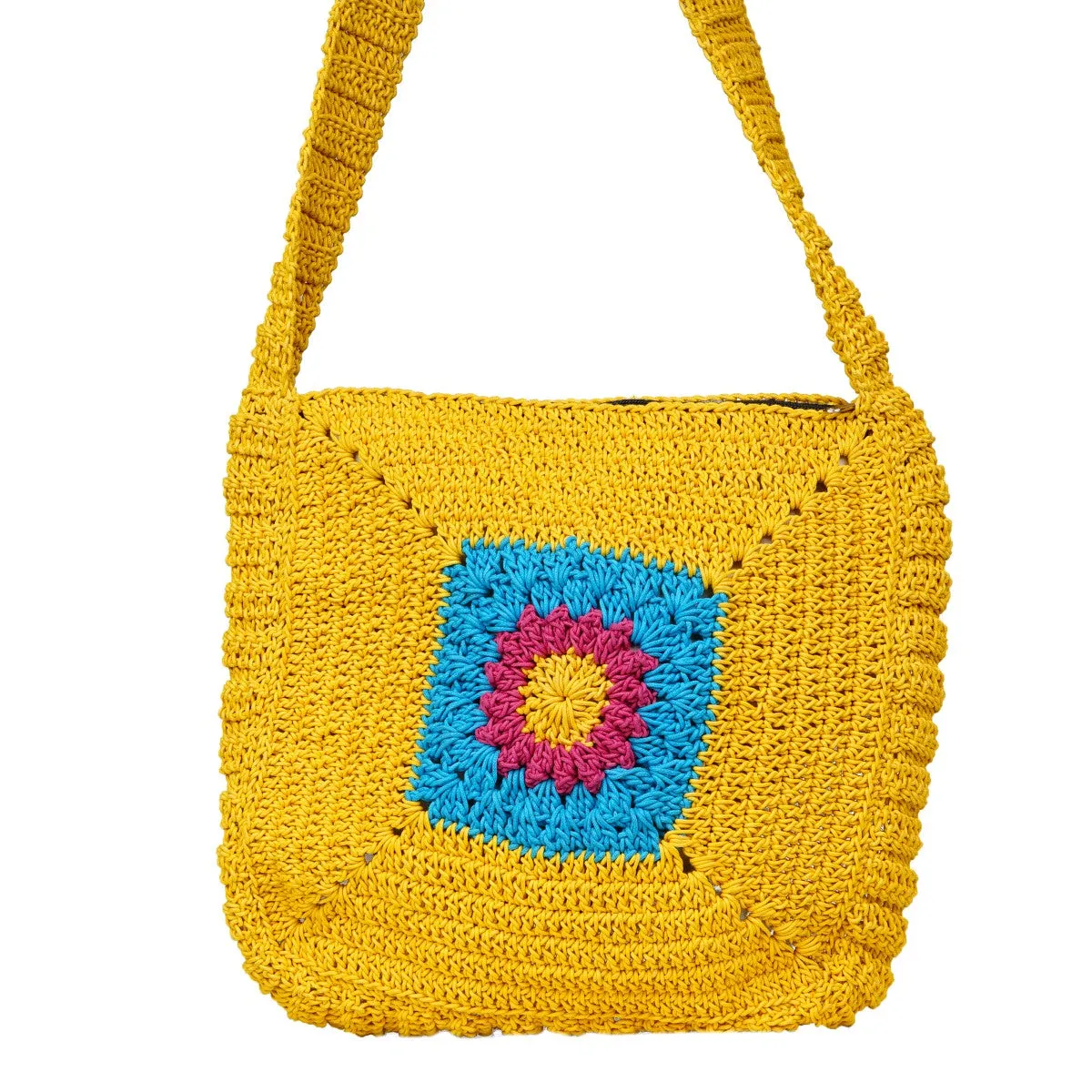Chrysanthemum Quad Sling Bag | Hand-Crochet | Cotton | Mustard Yellow