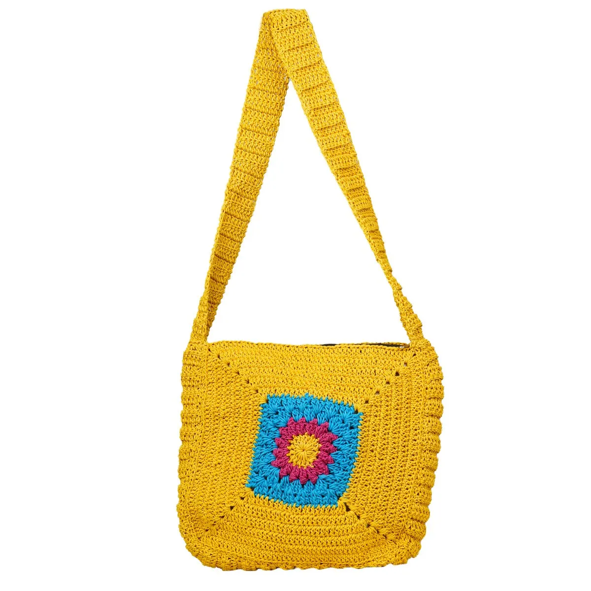 Chrysanthemum Quad Sling Bag | Hand-Crochet | Cotton | Mustard Yellow