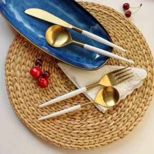 Cutlery Set of 4 | Stainless Steel | Durable | Dishwasher Safe | Regal White & Golden