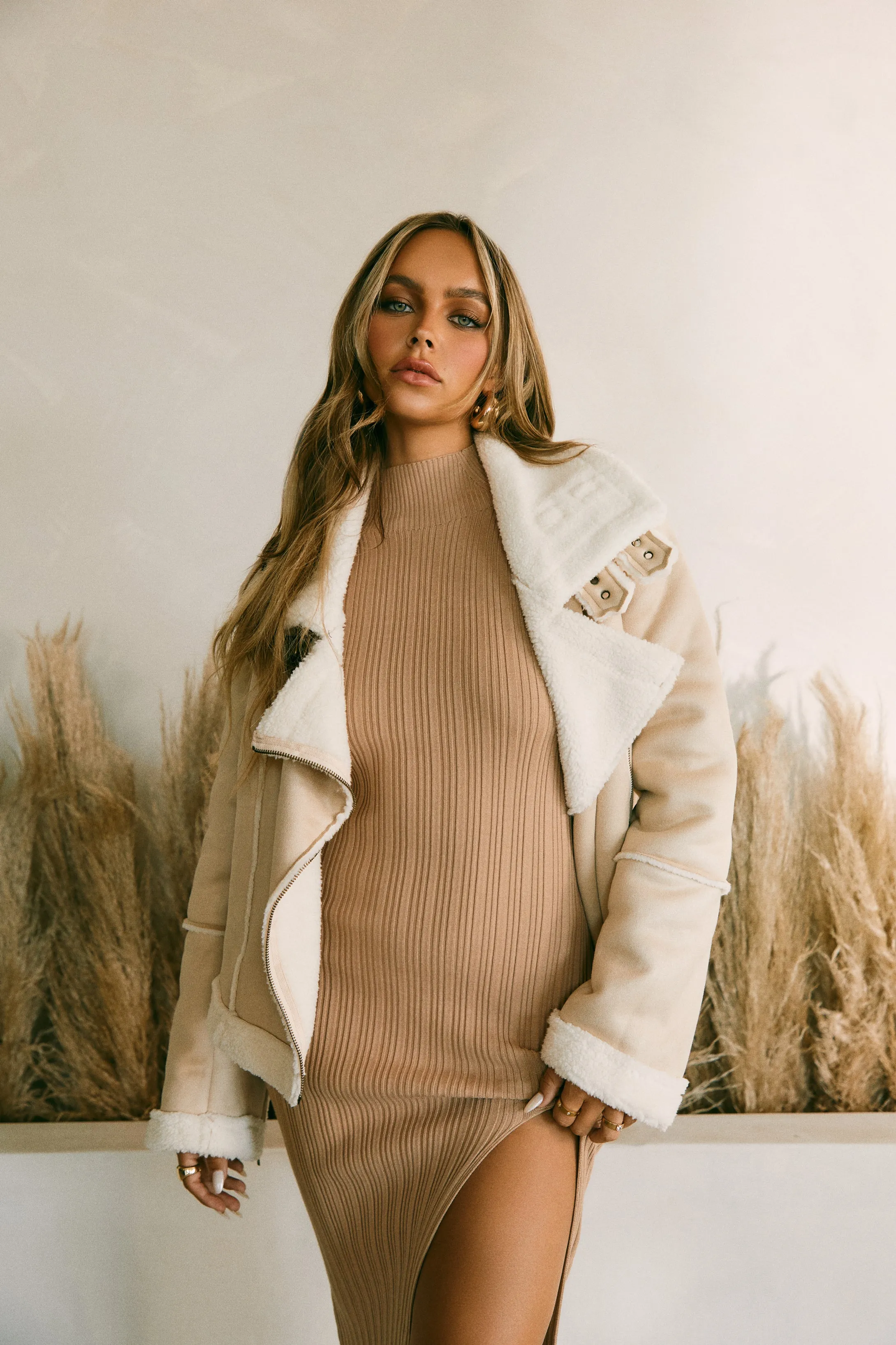 Dominique Long Sleeve Knit Midi Dress - Nude