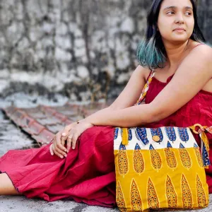 Fabric Sling Bag For Women | Ethnic Hand Block Print | Mustard And Off-White