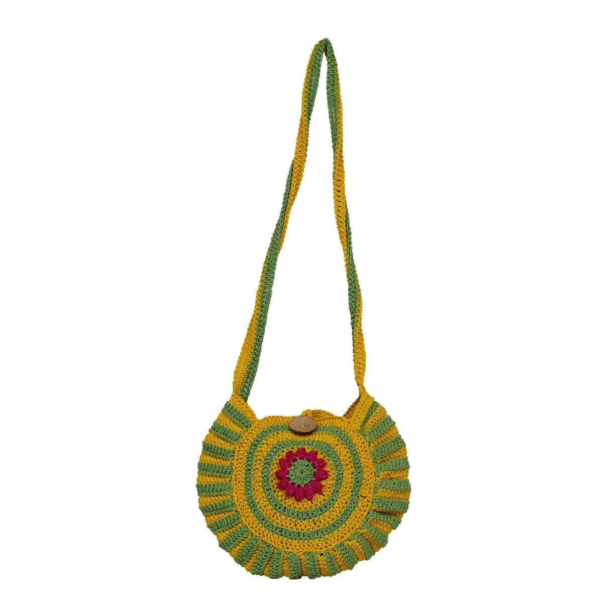 Floral Round Mini Sling Bag | Hand-Crochet | Mustard & Fern Green