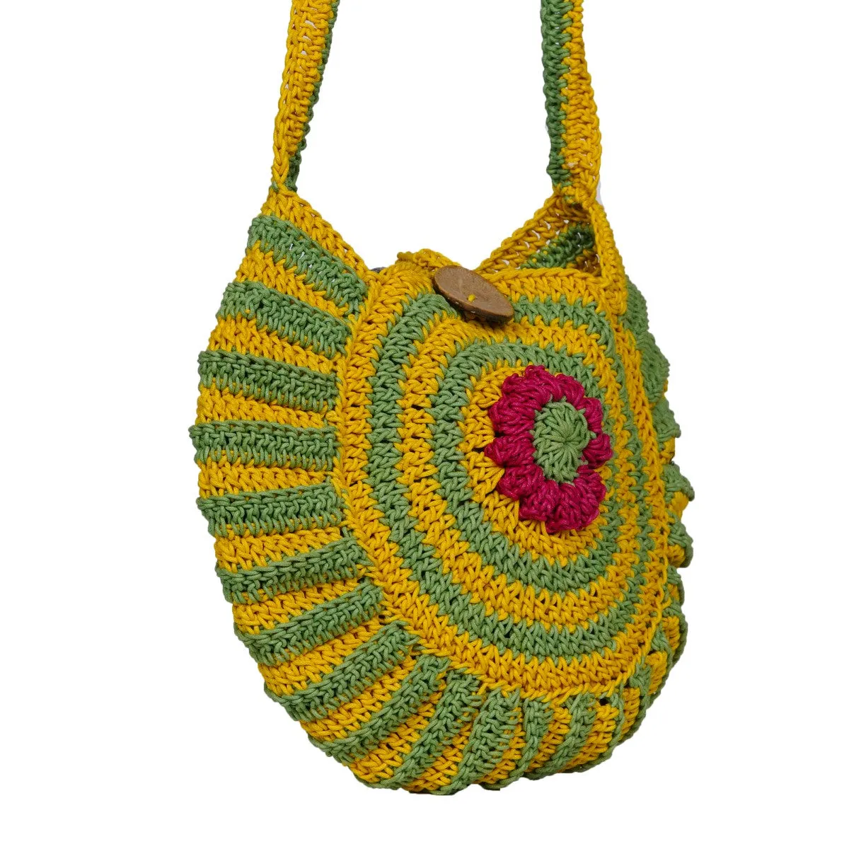Floral Round Mini Sling Bag | Hand-Crochet | Mustard & Fern Green