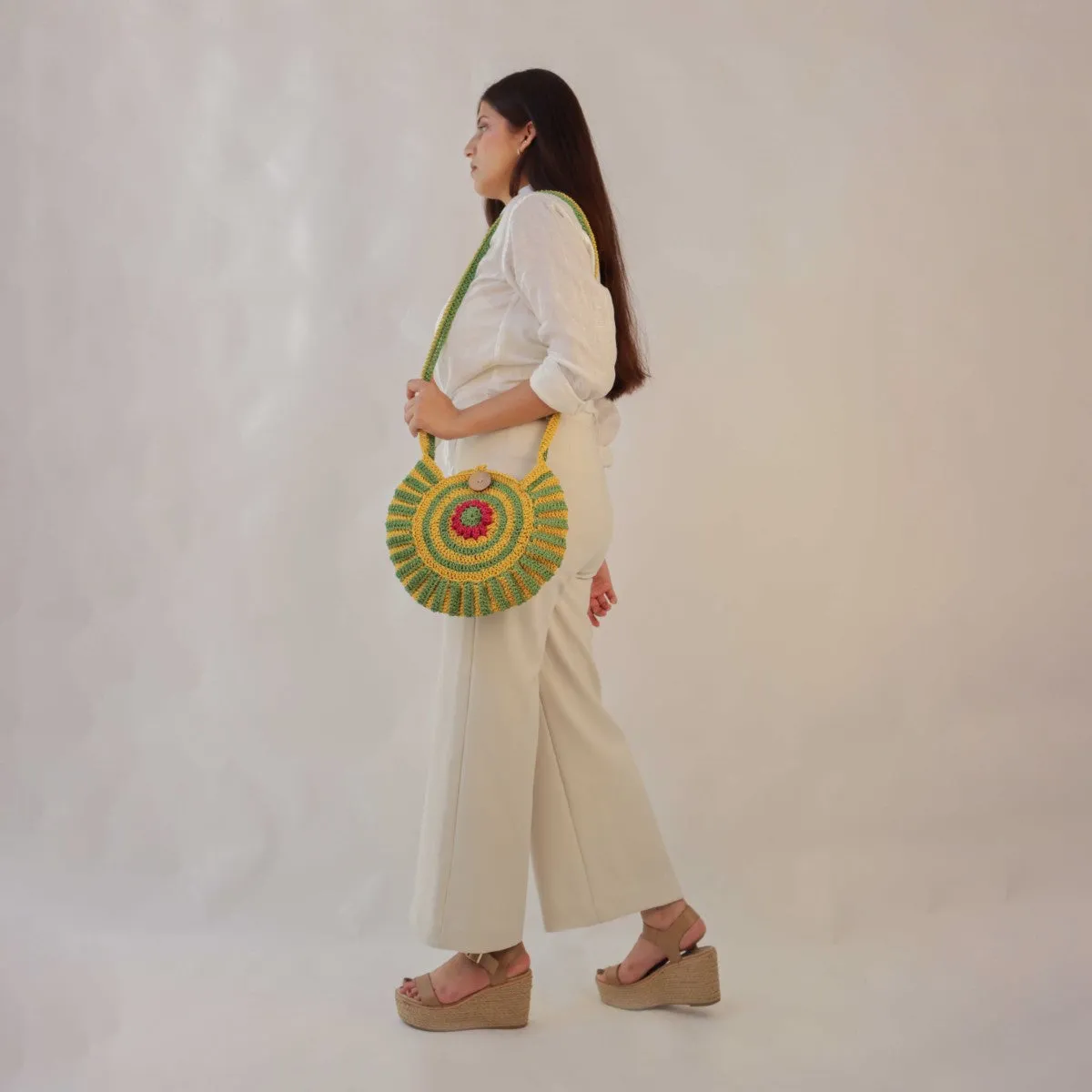 Floral Round Mini Sling Bag | Hand-Crochet | Mustard & Fern Green