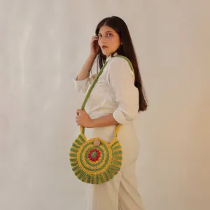 Floral Round Mini Sling Bag | Hand-Crochet | Mustard & Fern Green