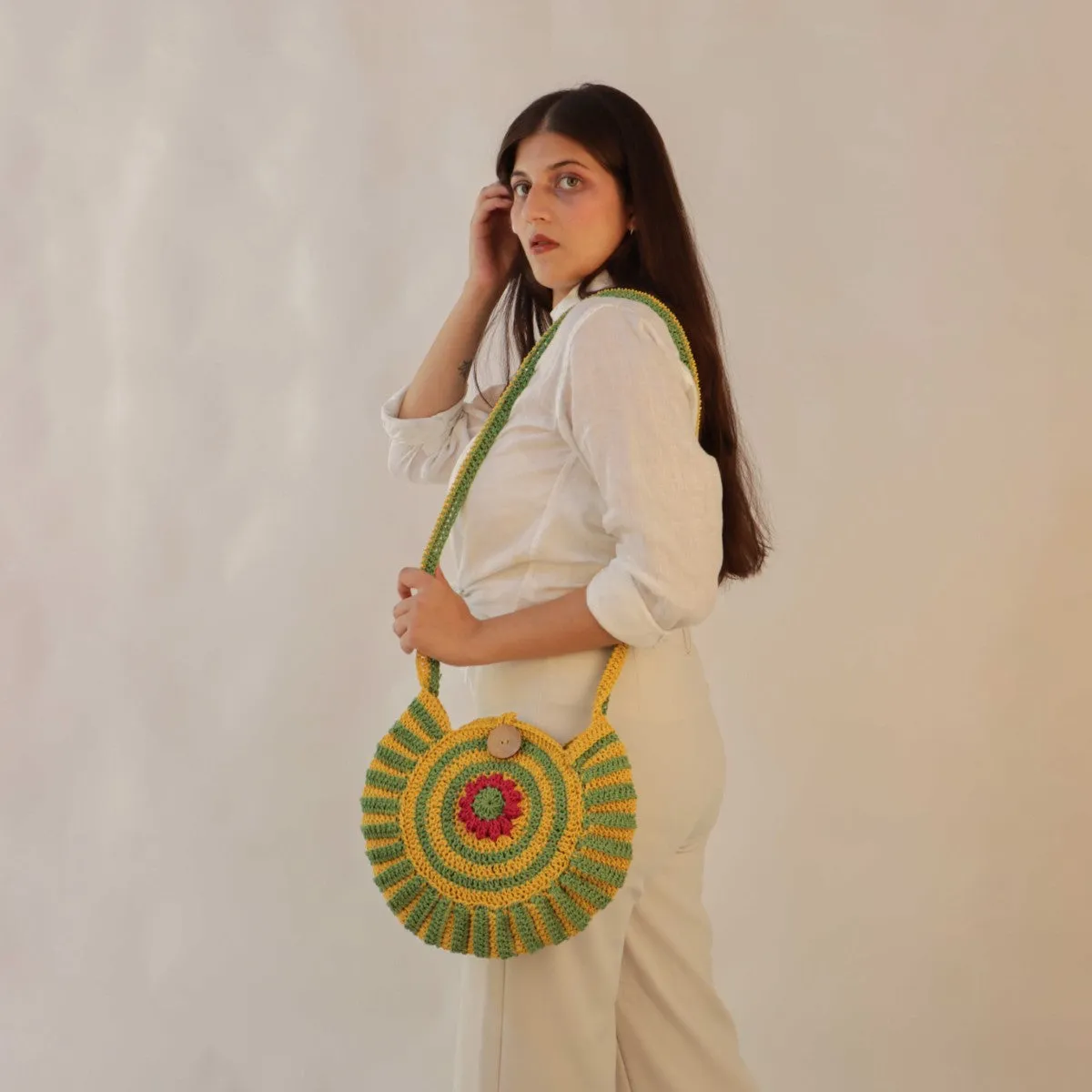Floral Round Mini Sling Bag | Hand-Crochet | Mustard & Fern Green