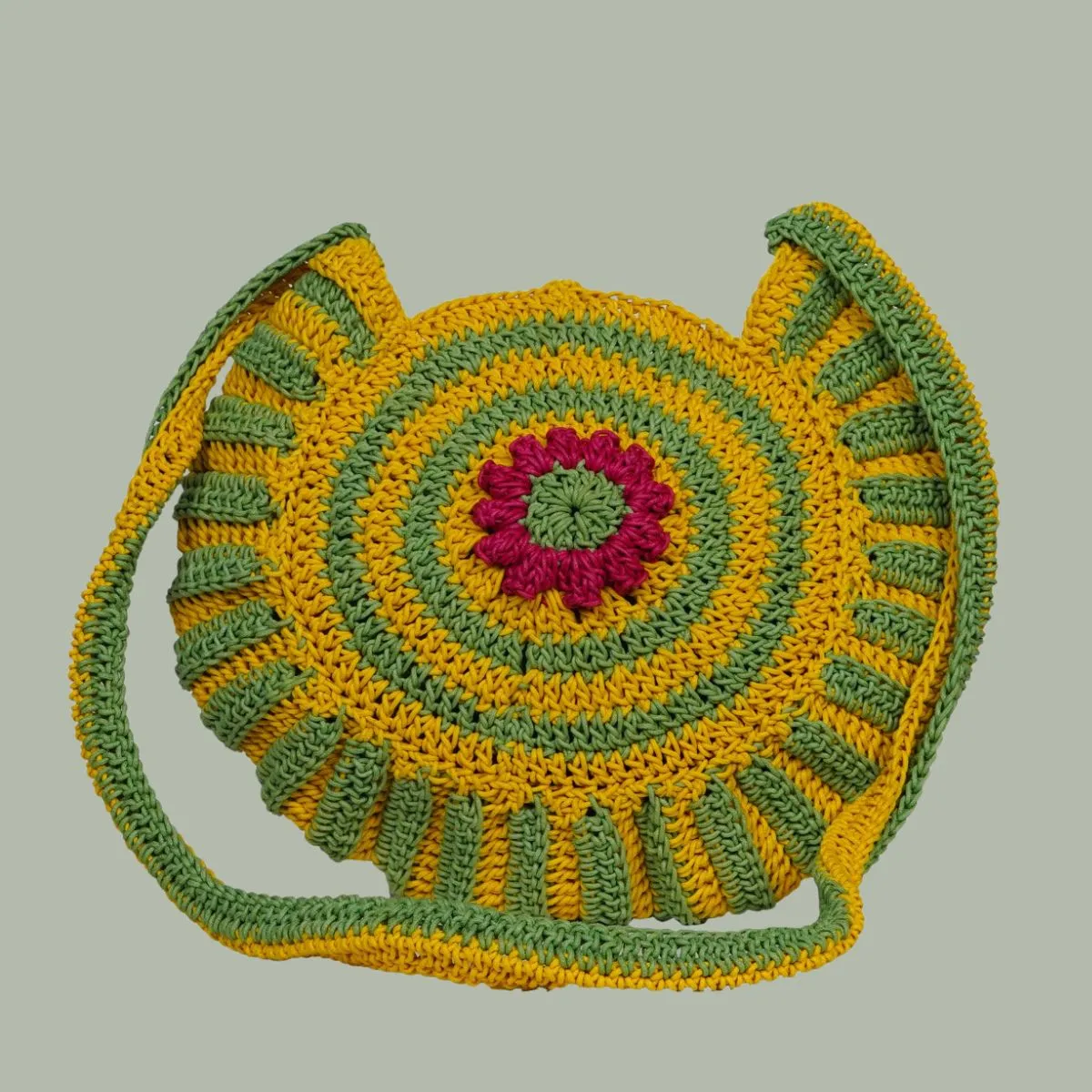 Floral Round Mini Sling Bag | Hand-Crochet | Mustard & Fern Green
