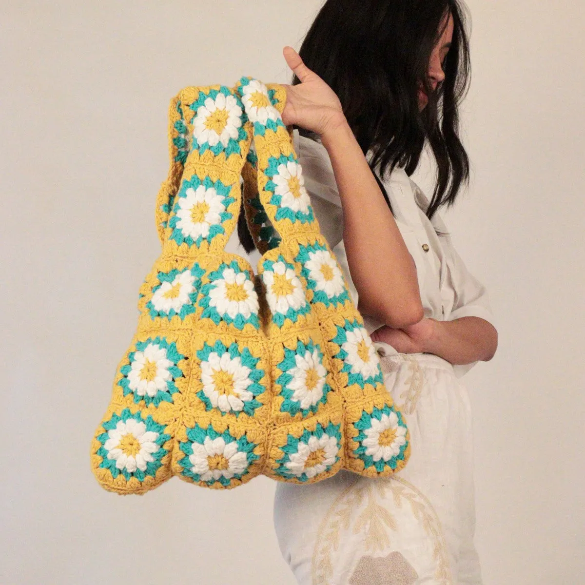 Floral Square Shoppers Tote Bag  | Hand-Crochet | Tuscany Yellow