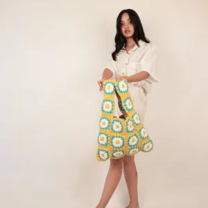 Floral Square Shoppers Tote Bag  | Hand-Crochet | Tuscany Yellow