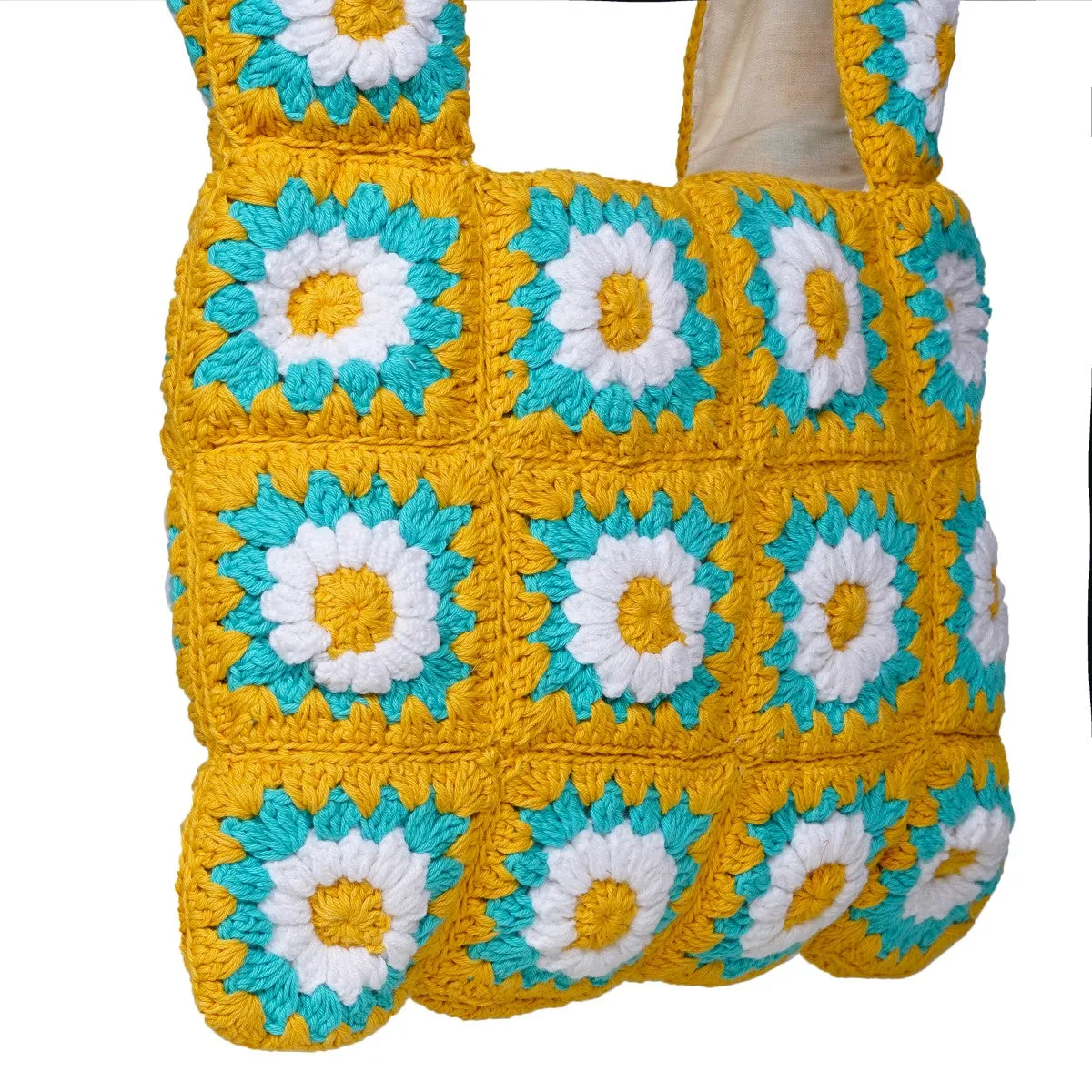 Floral Square Shoppers Tote Bag  | Hand-Crochet | Tuscany Yellow