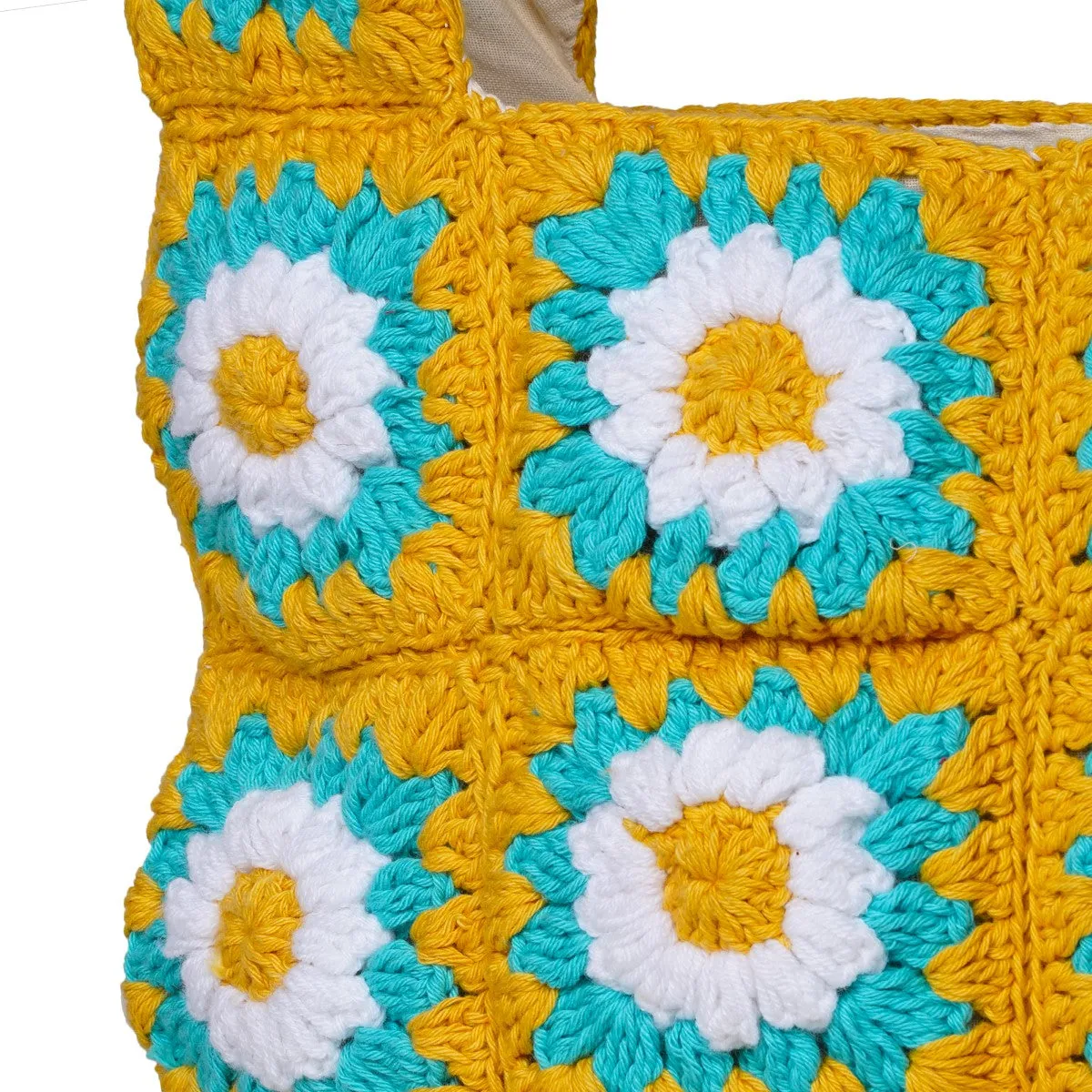 Floral Square Shoppers Tote Bag  | Hand-Crochet | Tuscany Yellow