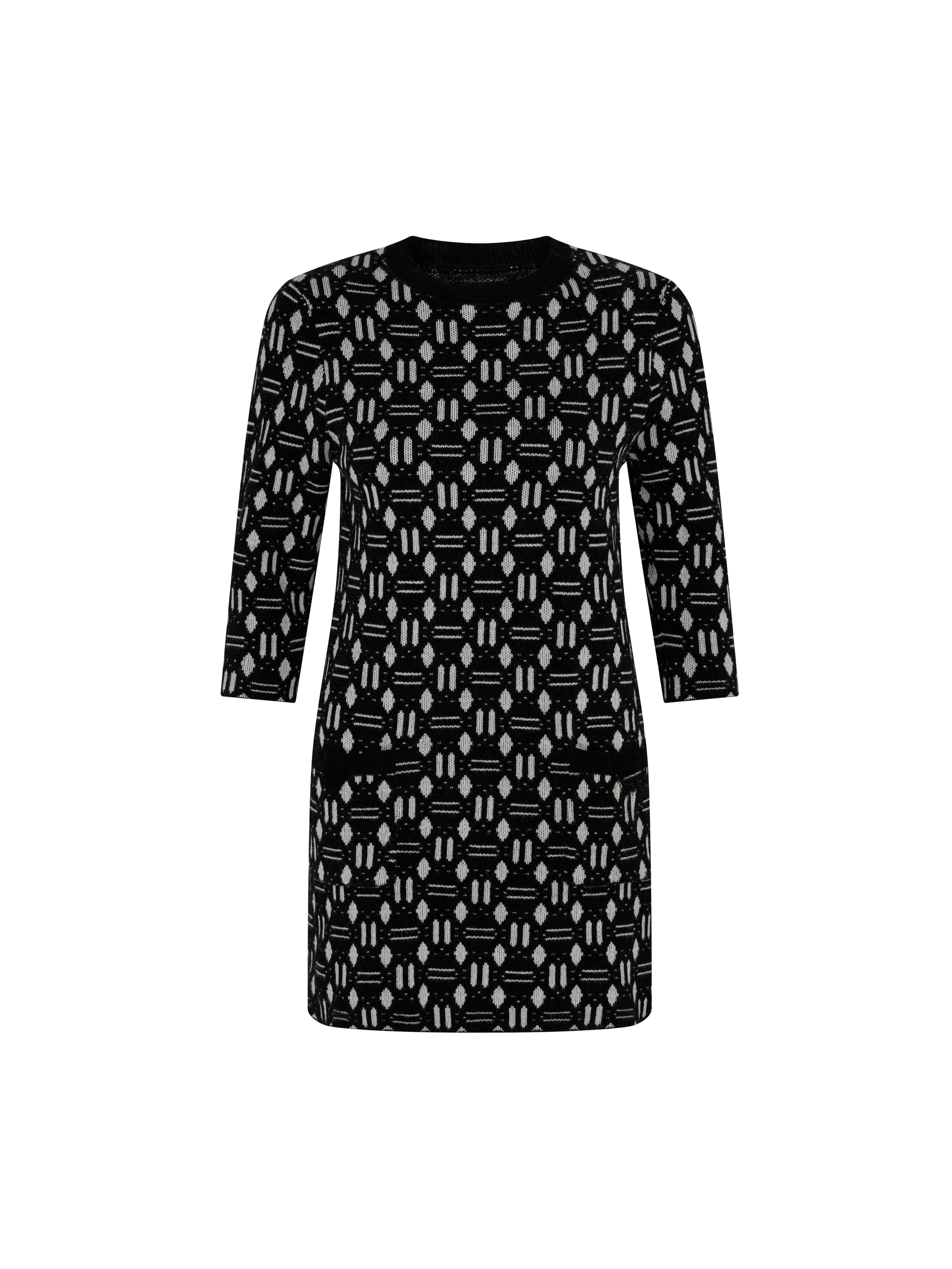 Geometric Jacquard Knit Dress in Black and White