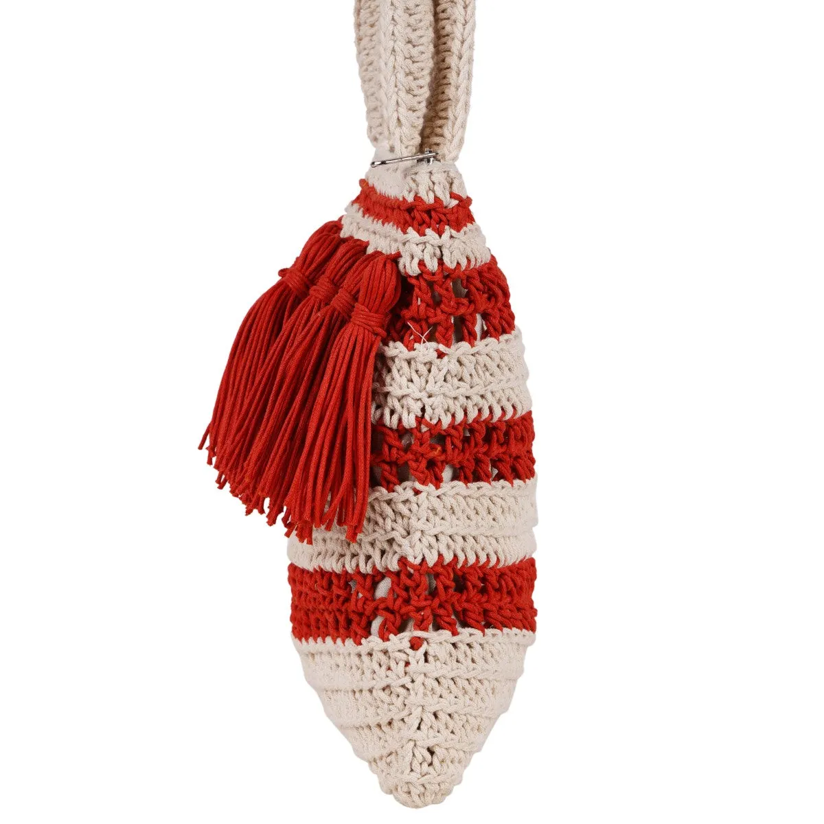 Long Handle Bag | Hand-Crochet | Cotton Yarn | Off White & Crimson Red
