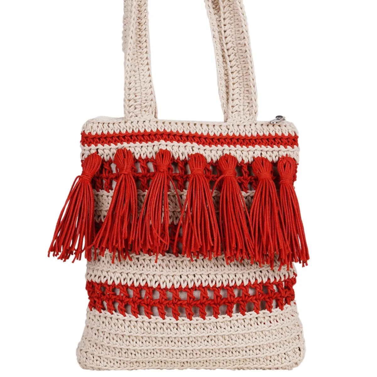 Long Handle Bag | Hand-Crochet | Cotton Yarn | Off White & Crimson Red