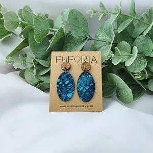 Oval Leather Earrings - Metallic Teal Snakeskin Over Black