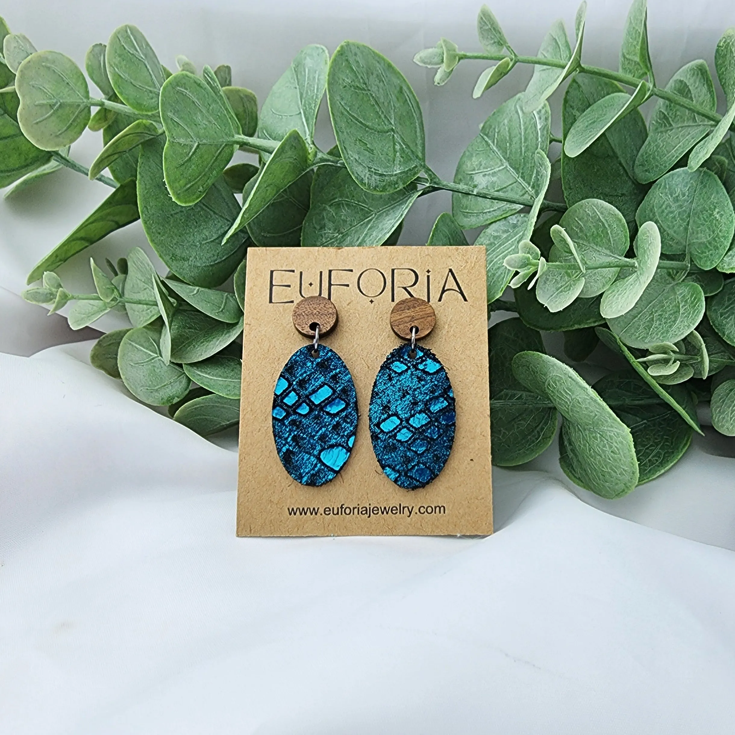 Oval Leather Earrings - Metallic Teal Snakeskin Over Black