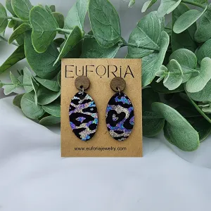 Oval Leather Earrings - Multi-Color Leopard Over Black