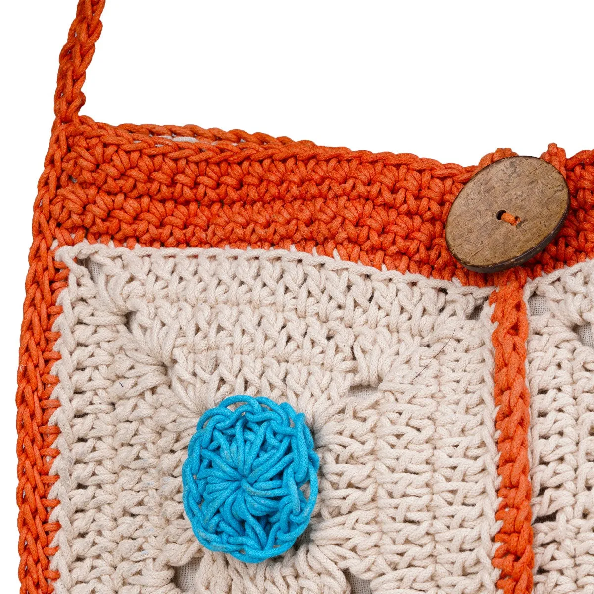 Rectangular Crossbody Bag | Hand-Crochet | Off White & Orange