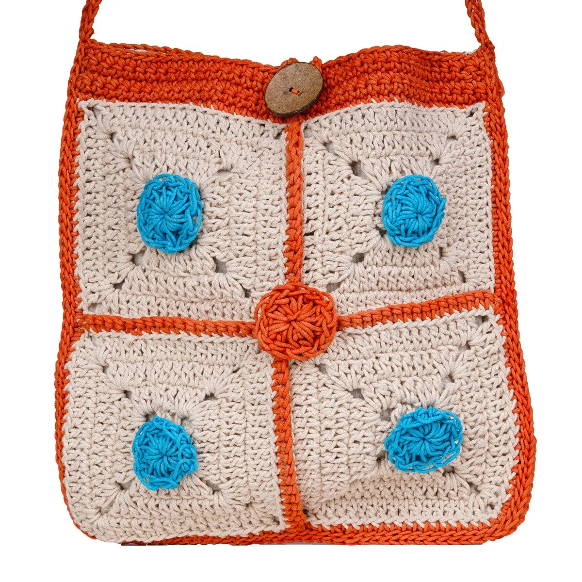 Rectangular Crossbody Bag | Hand-Crochet | Off White & Orange