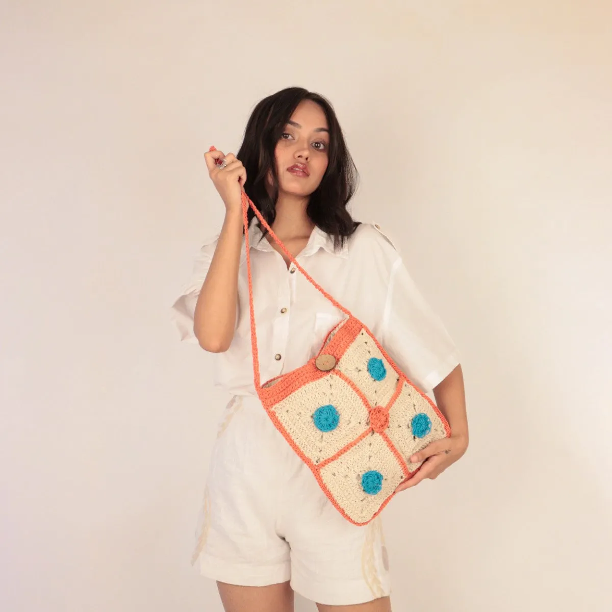 Rectangular Crossbody Bag | Hand-Crochet | Off White & Orange