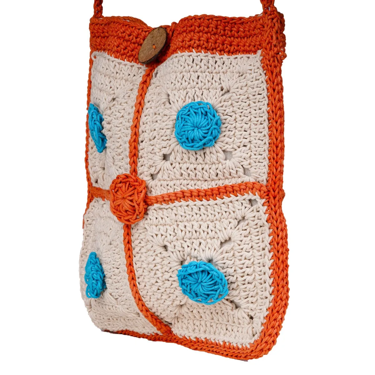 Rectangular Crossbody Bag | Hand-Crochet | Off White & Orange