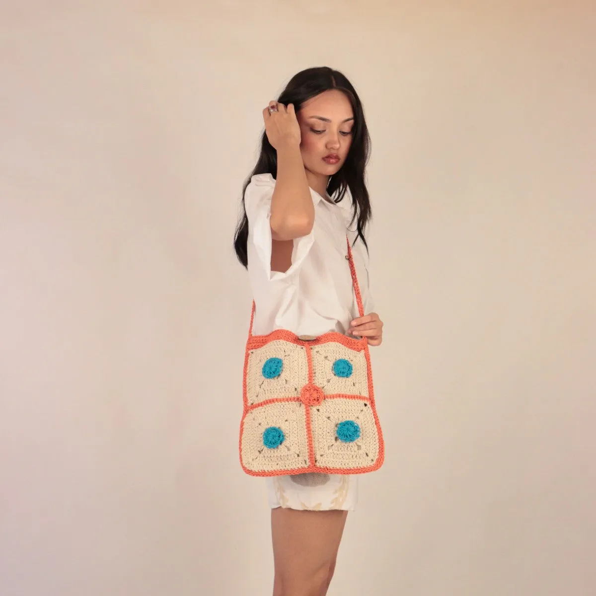 Rectangular Crossbody Bag | Hand-Crochet | Off White & Orange