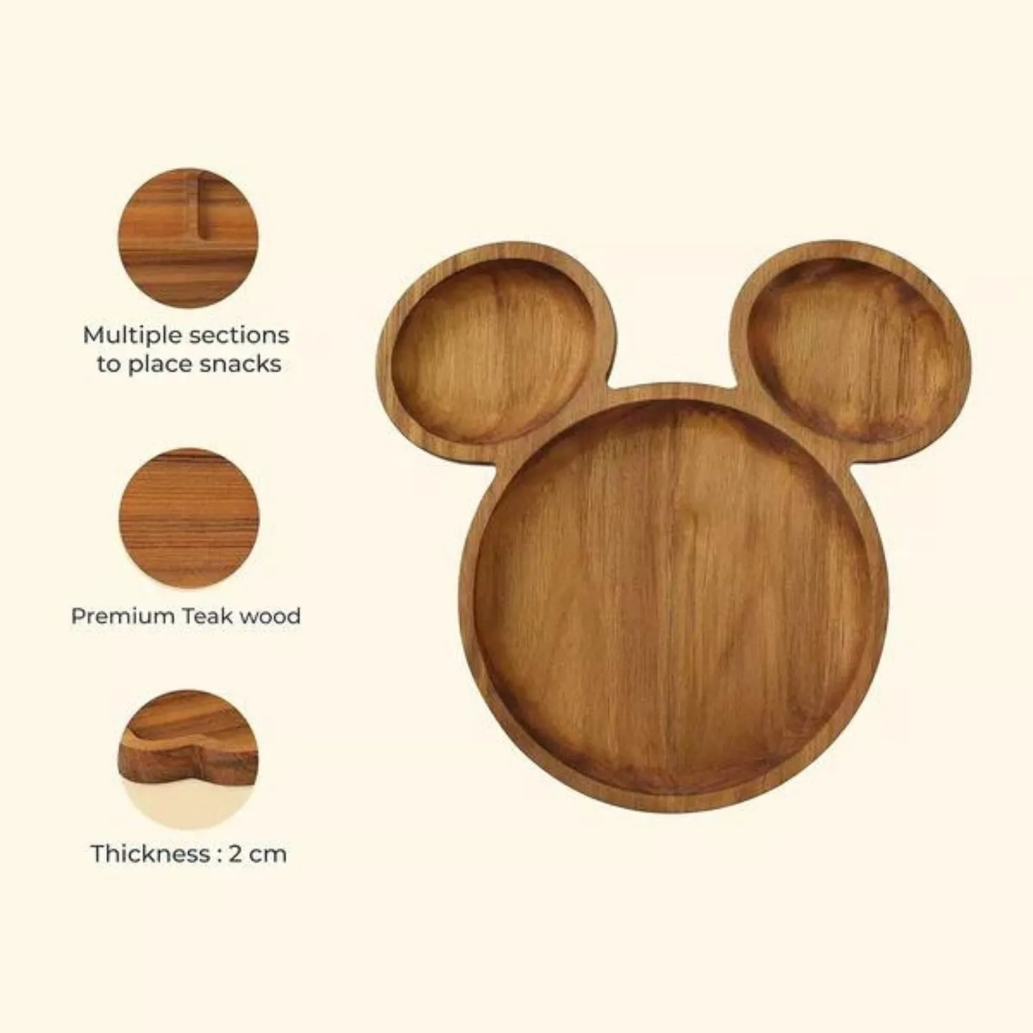 Serving Platter | Premium Teak Wood |  9" | Mickey Mouse Shaped Design | Durable