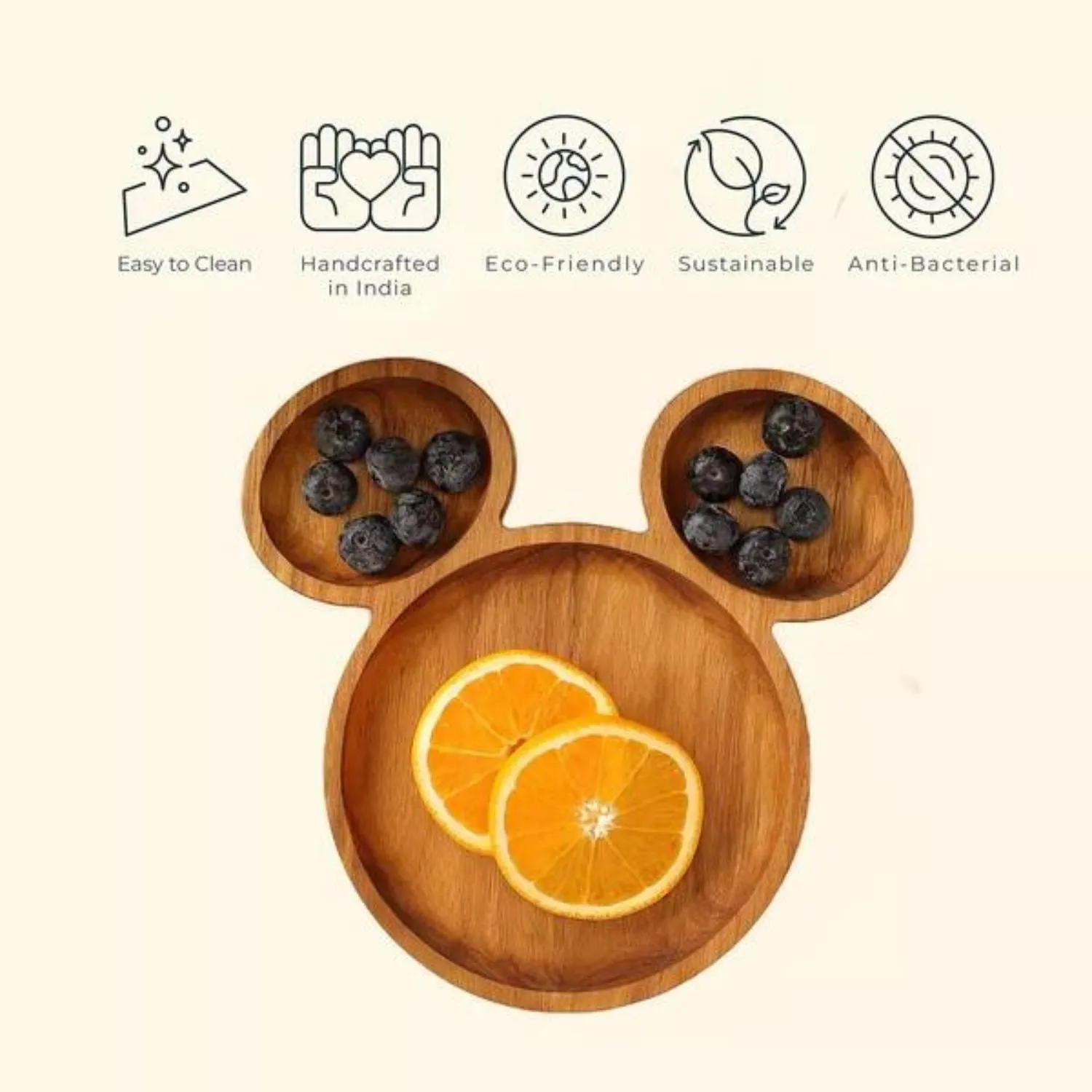 Serving Platter | Premium Teak Wood |  9" | Mickey Mouse Shaped Design | Durable
