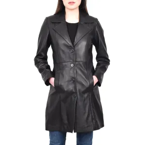 Women's 3/4 Length Soft Leather Classic Coat Black Trenzia